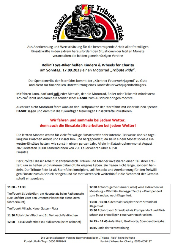 FF Tribute- Ride Rollin`Toys- Biker helfen Kindern zugunsten der Kärntner Feuerwehrjugend am 17.09.2023 FF Tribute- Ride Rollin`Toys- Biker helfen Kindern zugunsten der Kärntner Feuerwehrjugend am 17.09.2023